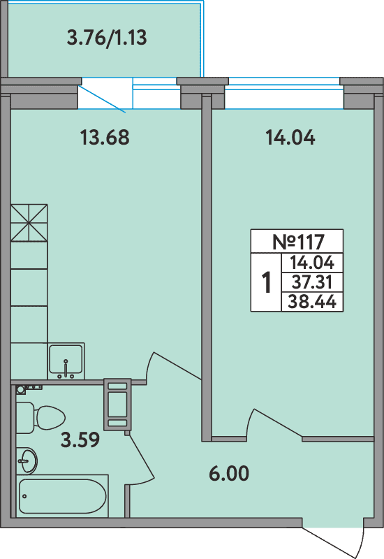 1-комнатная квартира, 37.9 м² в ЖК "Удача (Вита)" - планировка, фото №1