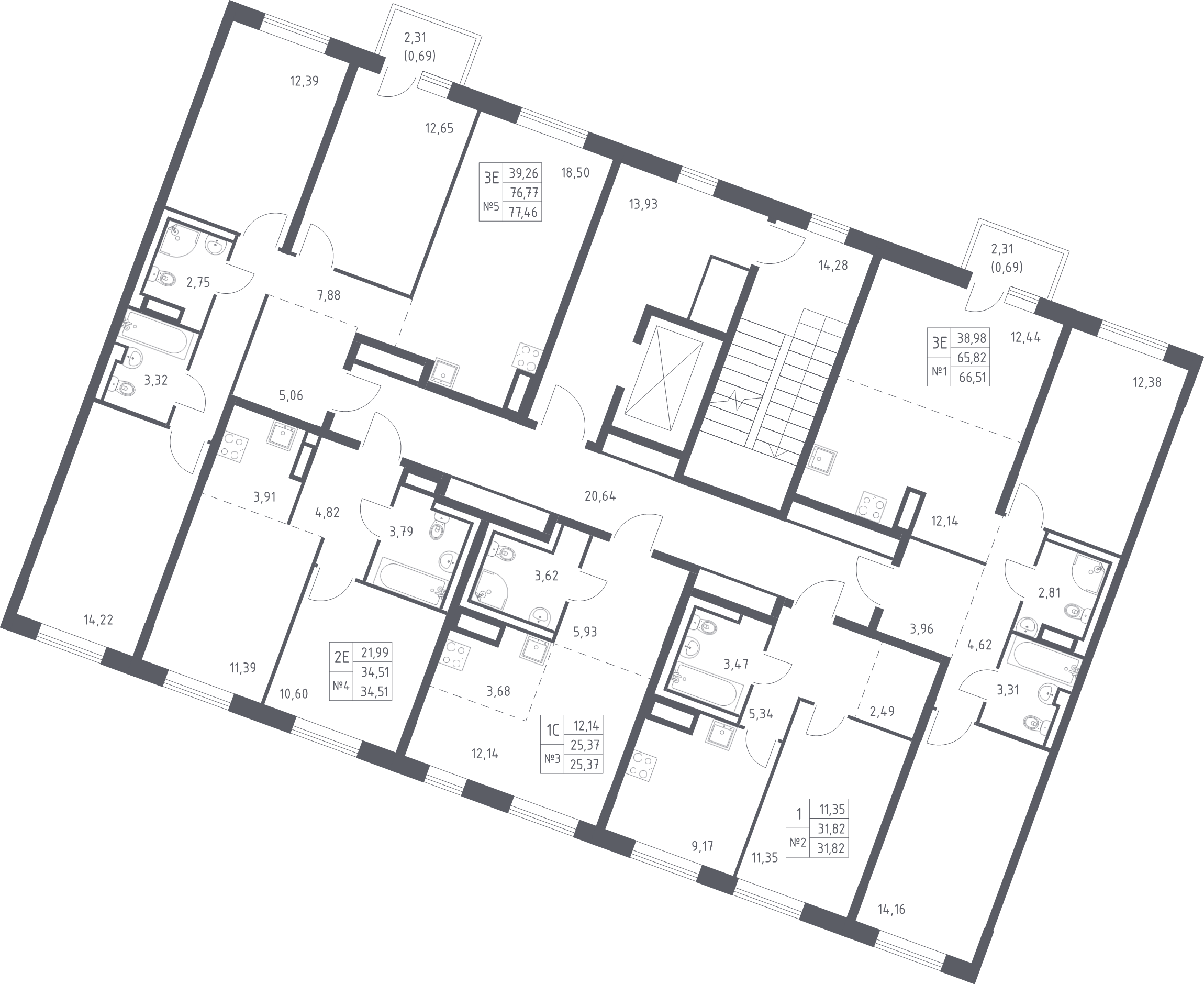 2-комнатная (Евро) квартира, 34.51 м² в ЖК "Квартал Лаголово" - планировка этажа