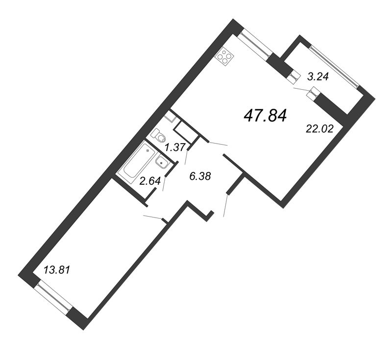 2-комнатная (Евро) квартира, 47.84 м² - планировка, фото №1