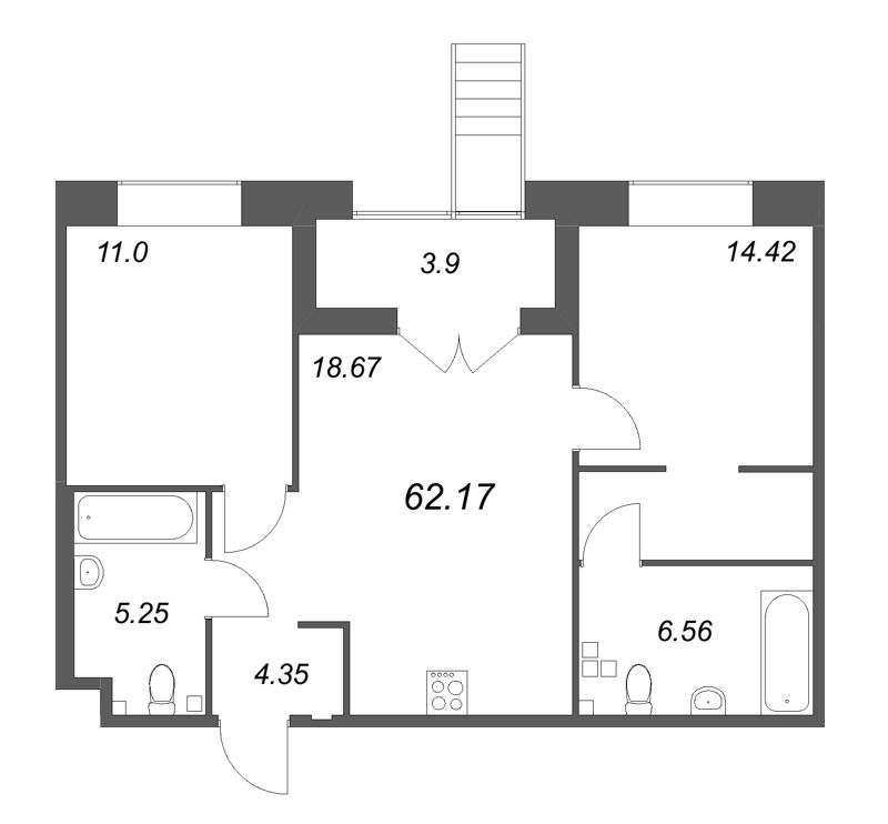 3-комнатная (Евро) квартира, 62.17 м² - планировка, фото №1