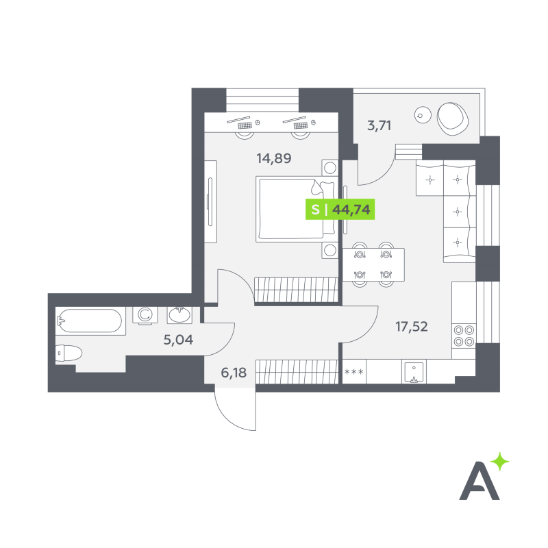 2-комнатная (Евро) квартира, 44.74 м² в ЖК "Аквилон РекаПарк" - планировка, фото №1