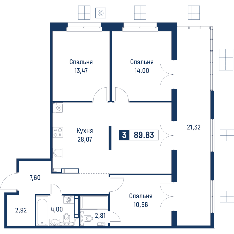 4-комнатная (Евро) квартира, 89.83 м² в ЖК "Символист" - планировка, фото №1