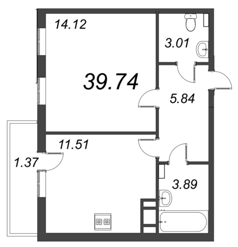 1-комнатная квартира, 40.5 м² в ЖК "Ювента" - планировка, фото №1