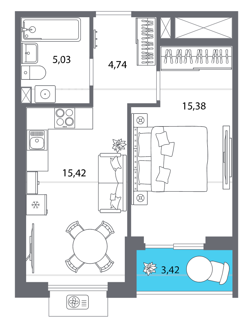 2-комнатная (Евро) квартира, 49.7 м² в ЖК "Респект" - планировка, фото №1