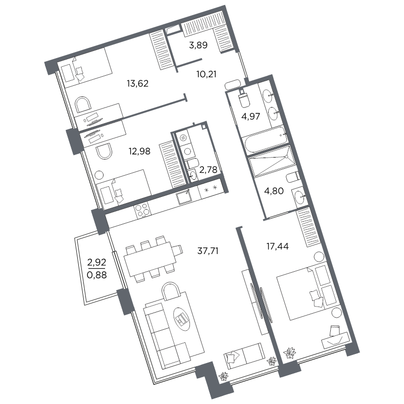 4-комнатная (Евро) квартира, 109.28 м² в ЖК "Акватория" - планировка, фото №1