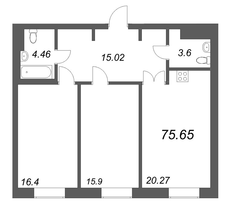 3-комнатная (Евро) квартира, 75.65 м² в ЖК "Фонтанка 130" - планировка, фото №1