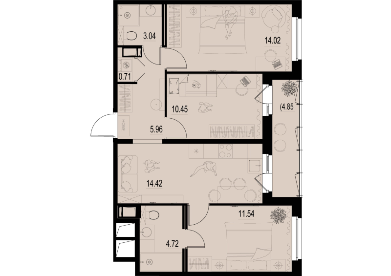 3-комнатная квартира, 67.28 м² - планировка, фото №1