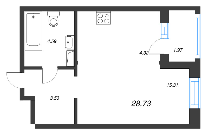 Квартира-студия, 28.73 м² - планировка, фото №1