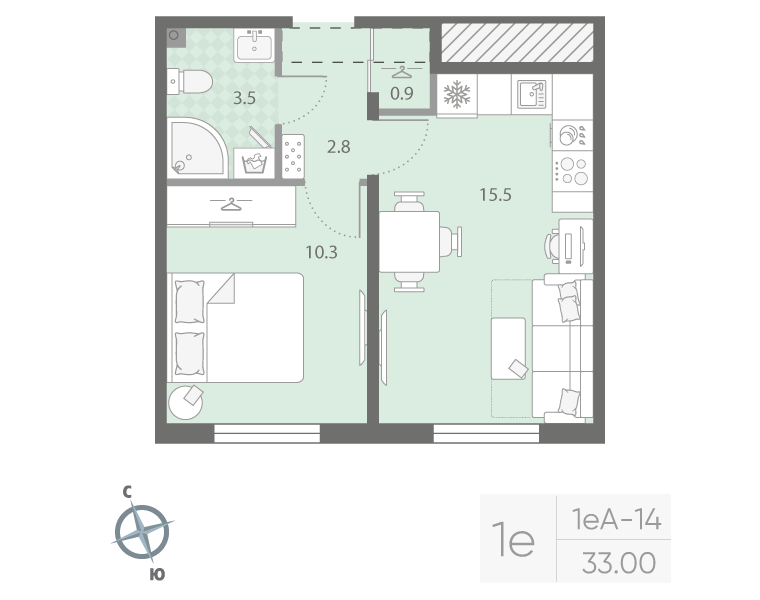 2-комнатная (Евро) квартира, 33 м² в ЖК "Дыбенко Парк" - планировка, фото №1
