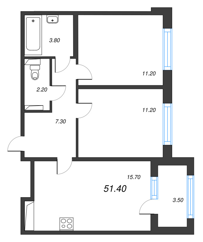 3-комнатная (Евро) квартира, 51.4 м² в ЖК "Дубровский" - планировка, фото №1