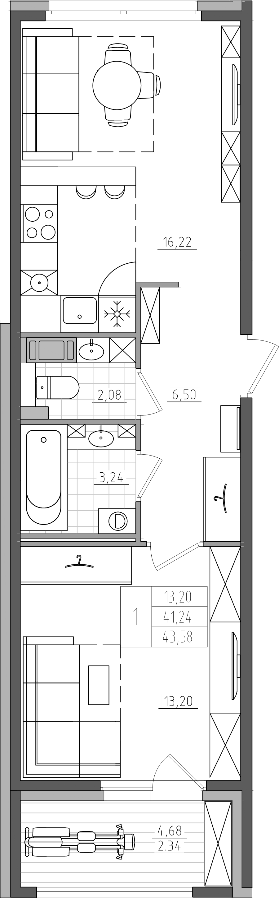 2-комнатная (Евро) квартира, 43.58 м² - планировка, фото №1