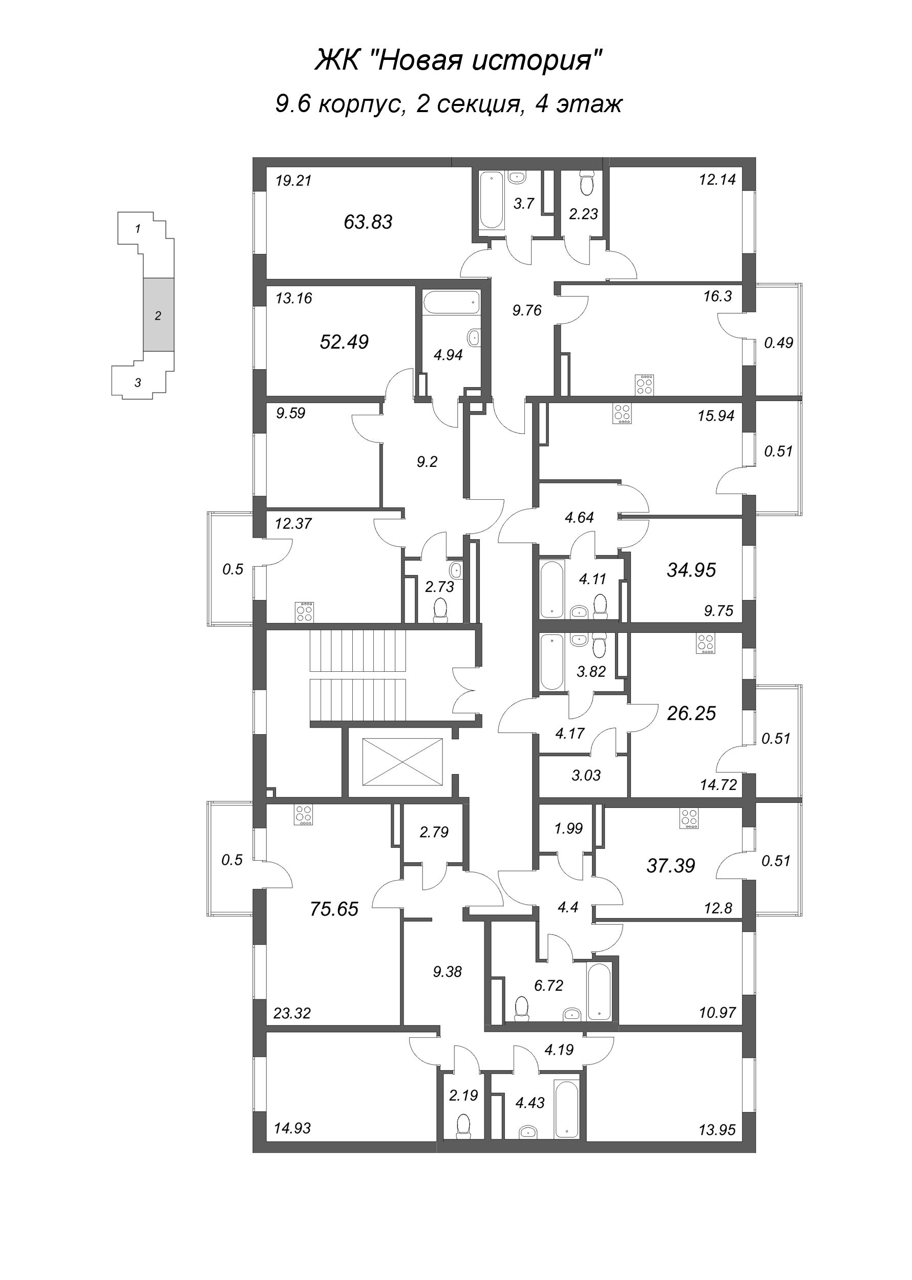 2-комнатная квартира, 52.49 м² в ЖК "Новая история" - планировка этажа