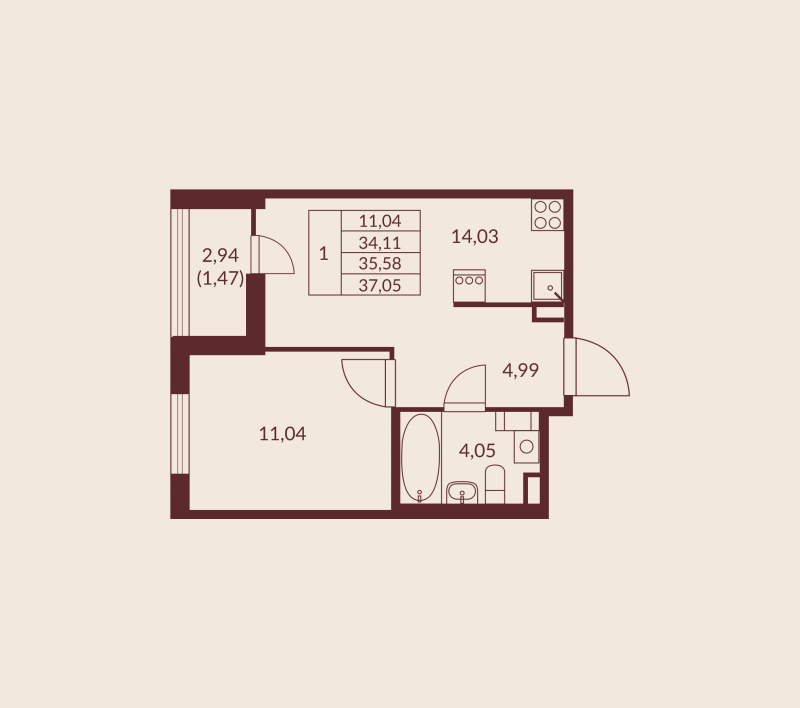1-комнатная квартира, 35.58 м² в ЖК "Амурино" - планировка, фото №1