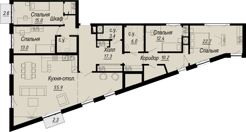 5-комнатная (Евро) квартира, 168.62 м² - планировка, фото №1