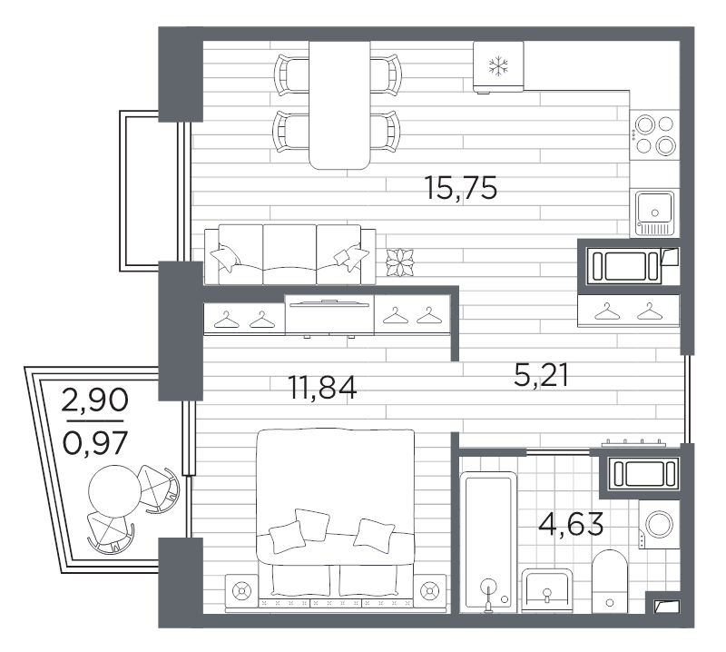 2-комнатная (Евро) квартира, 38.3 м² в ЖК "Respect" - планировка, фото №1