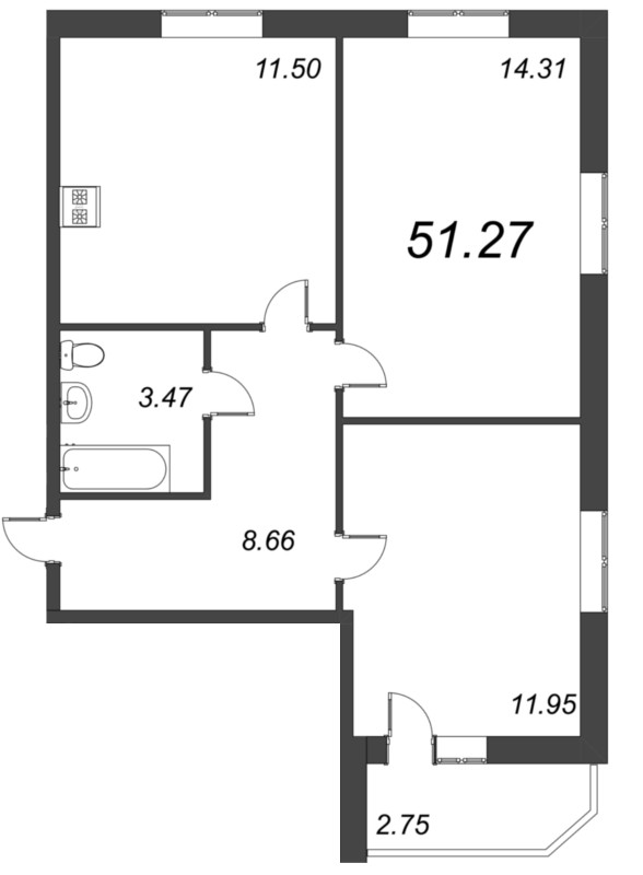 2-комнатная квартира, 51.27 м² - планировка, фото №1