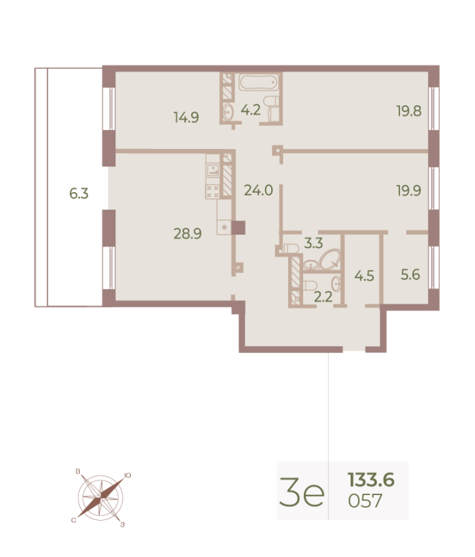 3-комнатная (Евро) квартира, 132.2 м² - планировка, фото №1