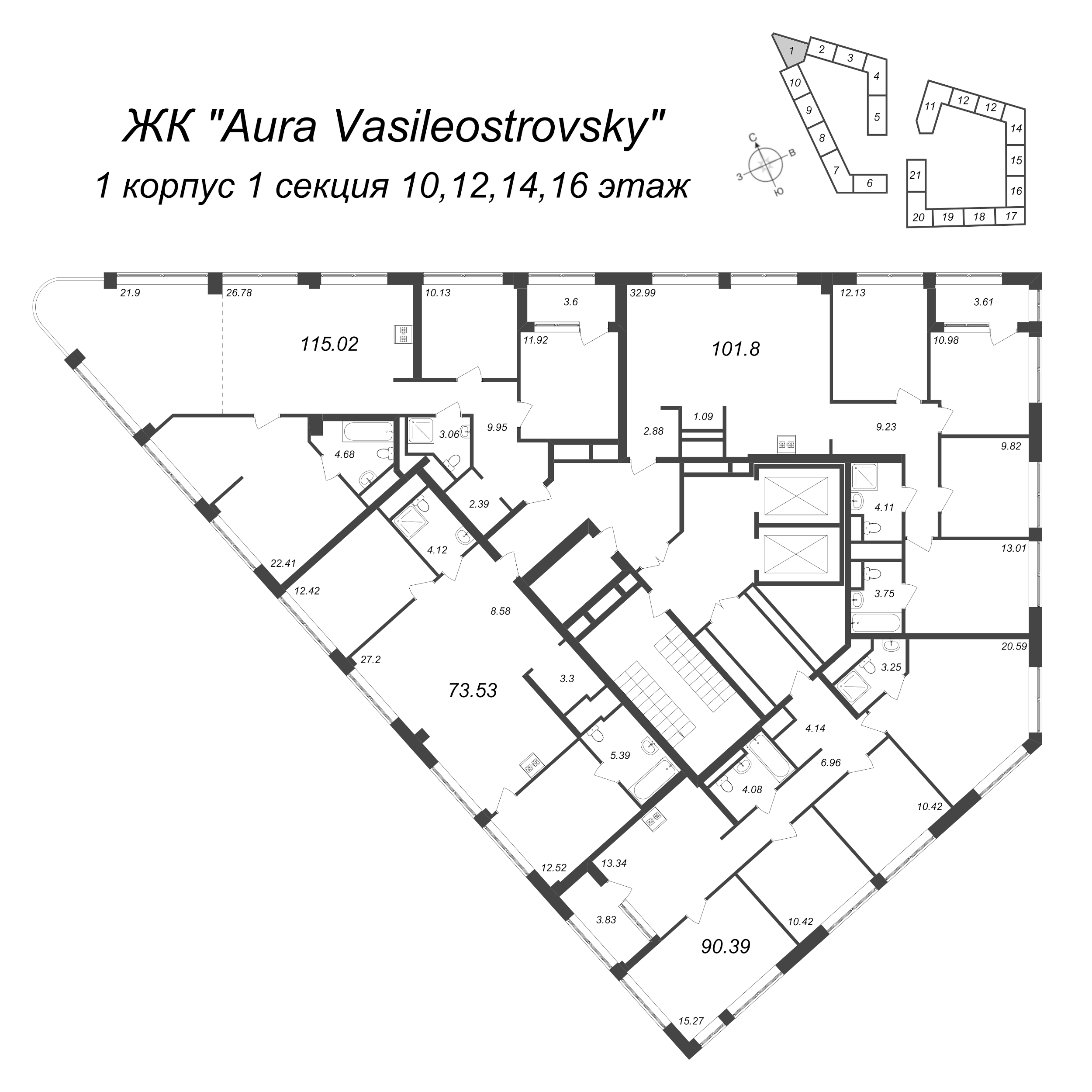 4-комнатная квартира, 90.39 м² в ЖК "GloraX Premium Василеостровский" - планировка этажа
