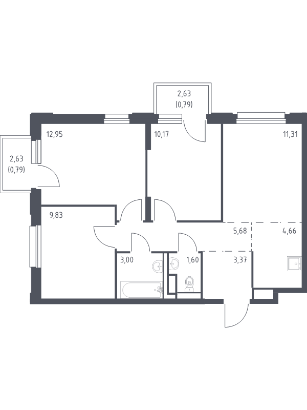 4-комнатная (Евро) квартира, 64.15 м² - планировка, фото №1