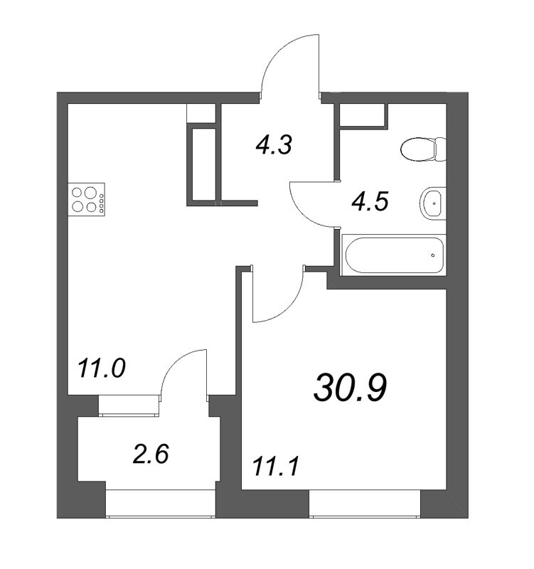 1-комнатная квартира, 30.9 м² в ЖК "Куинджи" - планировка, фото №1