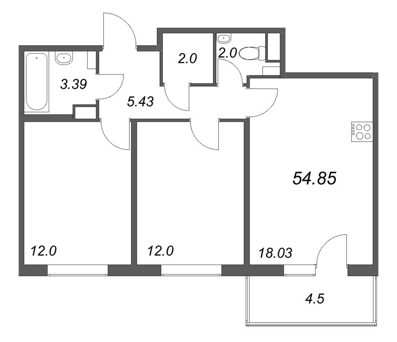 3-комнатная (Евро) квартира, 54.85 м² - планировка, фото №1