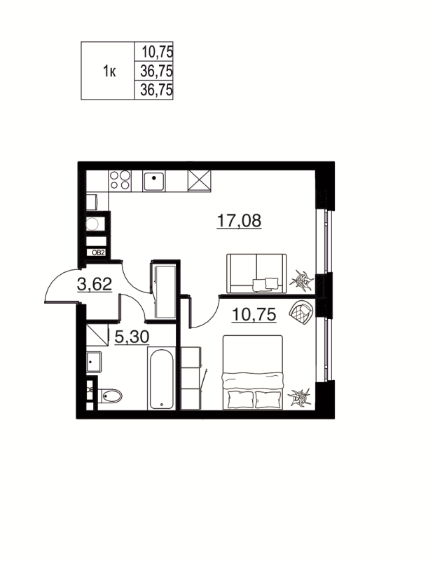 2-комнатная (Евро) квартира, 36.75 м² в ЖК "Соло. Петергоф" - планировка, фото №1