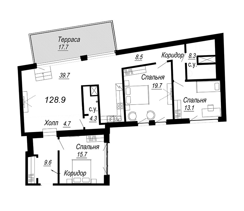 3-комнатная квартира, 131.25 м² - планировка, фото №1