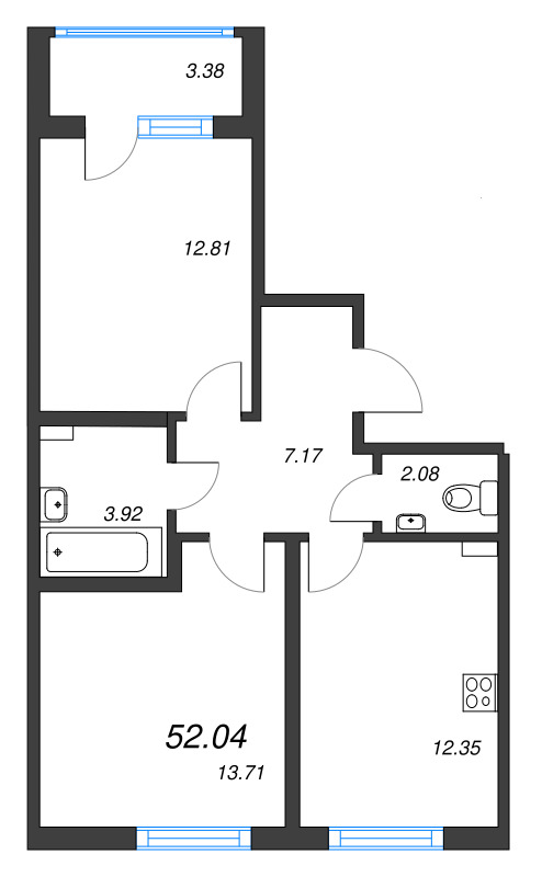 2-комнатная квартира, 52.04 м² - планировка, фото №1