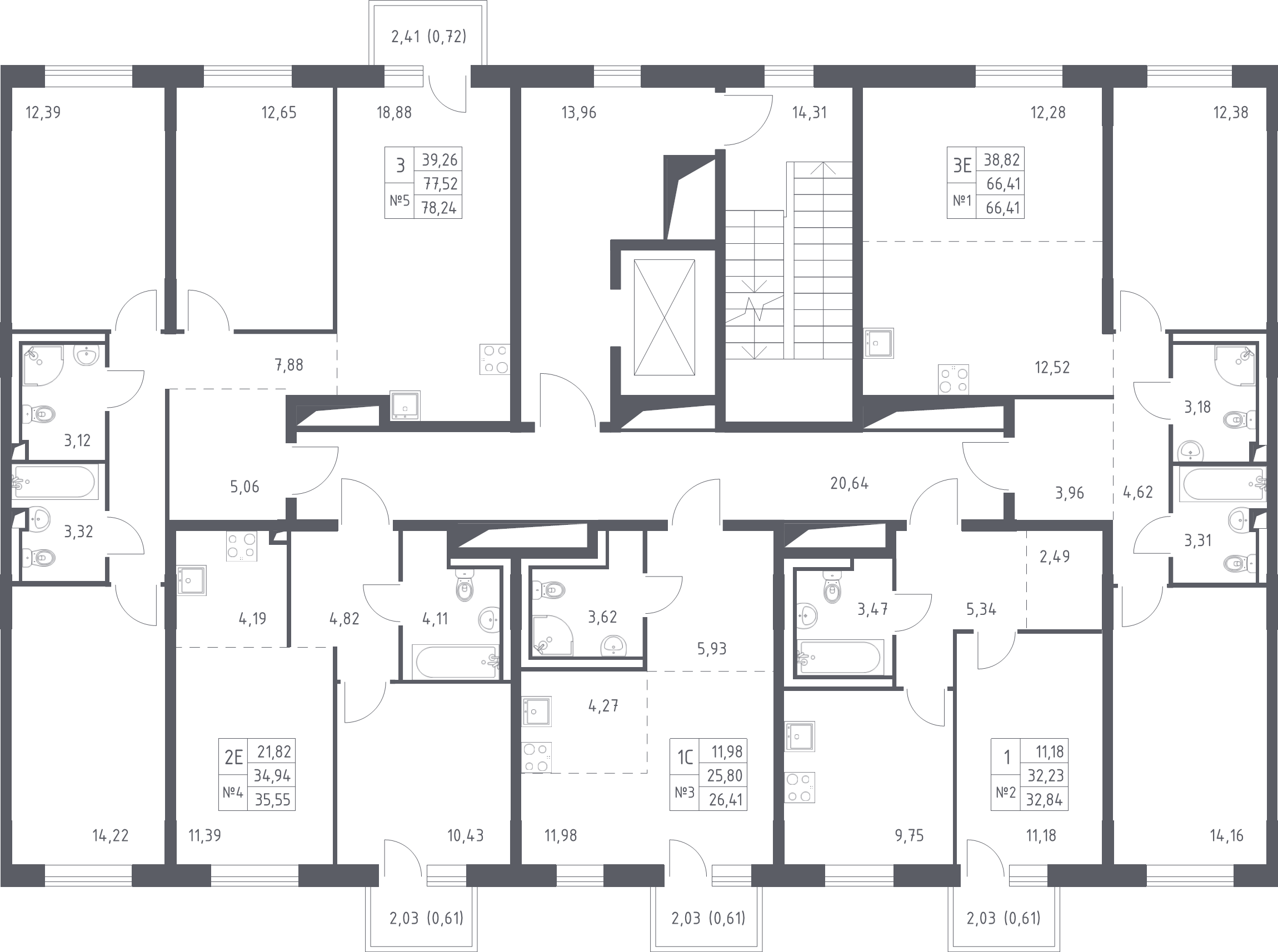 3-комнатная (Евро) квартира, 66.41 м² - планировка этажа