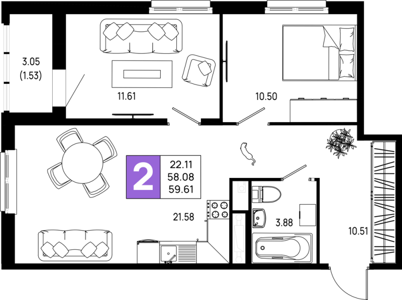 3-комнатная (Евро) квартира, 59.61 м² в ЖК "Имена" - планировка, фото №1