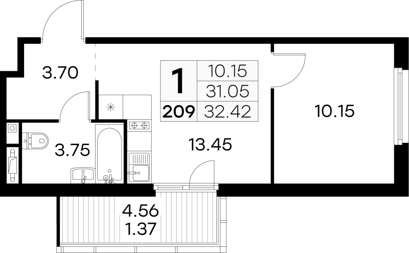 1-комнатная квартира, 32.42 м² в ЖК "GloraX Парголово" - планировка, фото №1