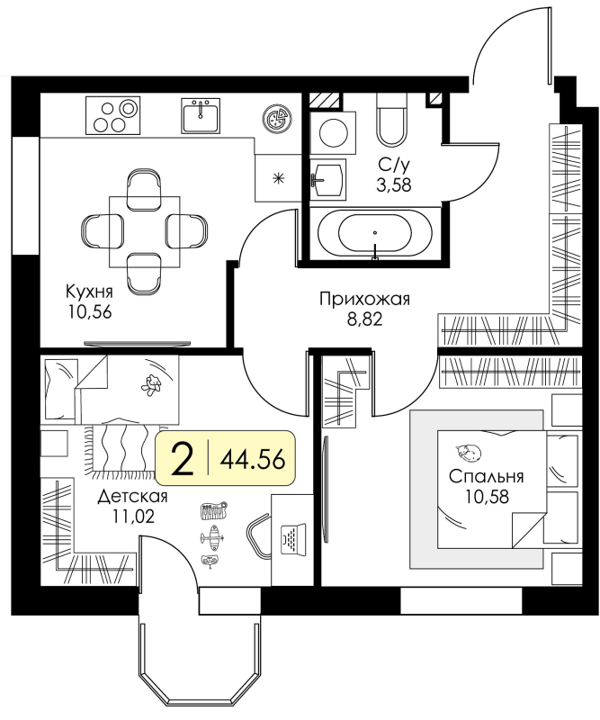 2-комнатная квартира, 44.56 м² в ЖК "Всевгород" - планировка, фото №1