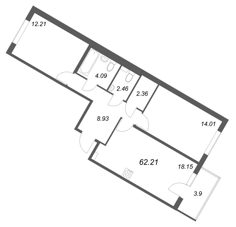 3-комнатная (Евро) квартира, 62.21 м² - планировка, фото №1