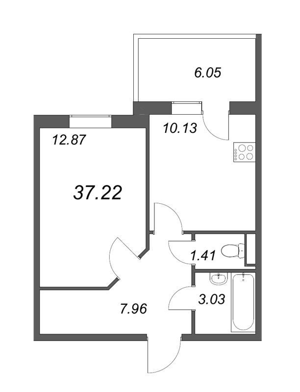 1-комнатная квартира, 35.4 м² в ЖК "Юттери" - планировка, фото №1