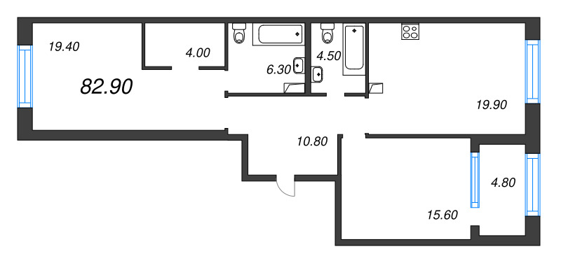 3-комнатная (Евро) квартира, 82.9 м² в ЖК "ЛДМ" - планировка, фото №1