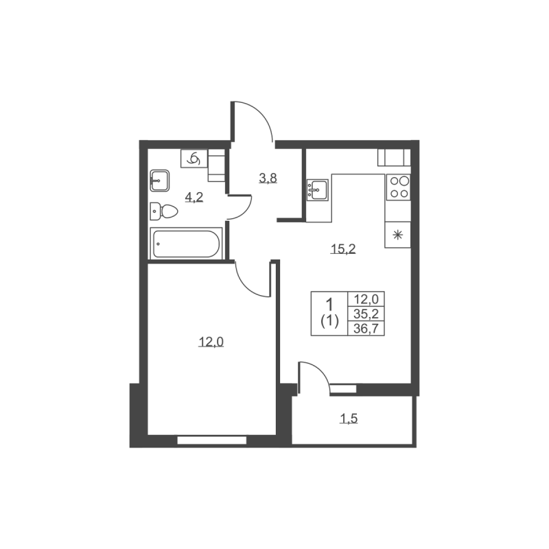 2-комнатная (Евро) квартира, 36.7 м² - планировка, фото №1