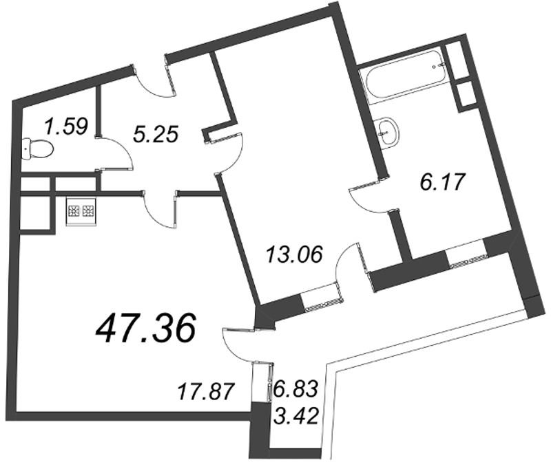 2-комнатная (Евро) квартира, 47.36 м² в ЖК "Ariosto" - планировка, фото №1