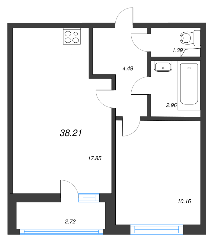 2-комнатная (Евро) квартира, 38.21 м² - планировка, фото №1