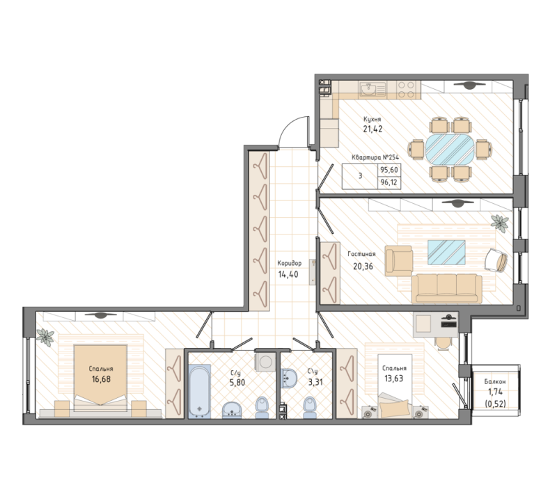 3-комнатная квартира, 96.5 м² - планировка, фото №1