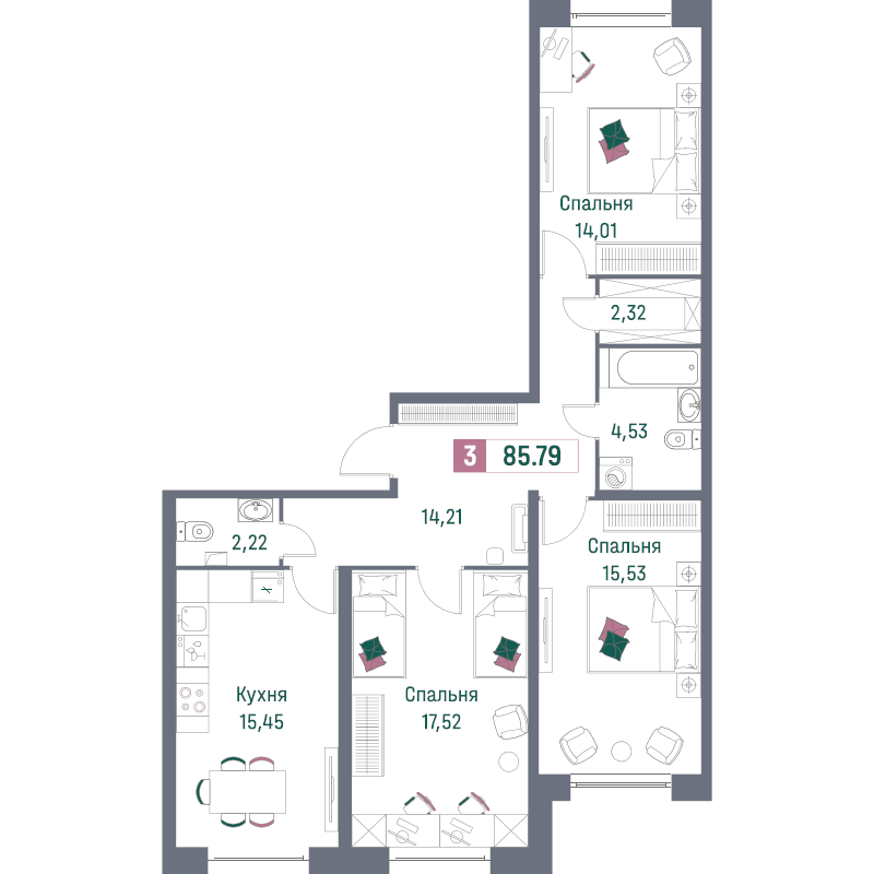 4-комнатная (Евро) квартира, 85 м² - планировка, фото №1