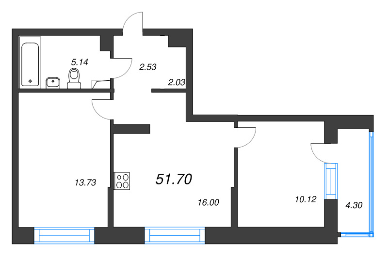 3-комнатная (Евро) квартира, 51.7 м² в ЖК "Охтинские высоты" - планировка, фото №1