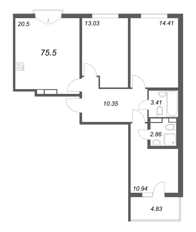 4-комнатная (Евро) квартира, 75.5 м² - планировка, фото №1