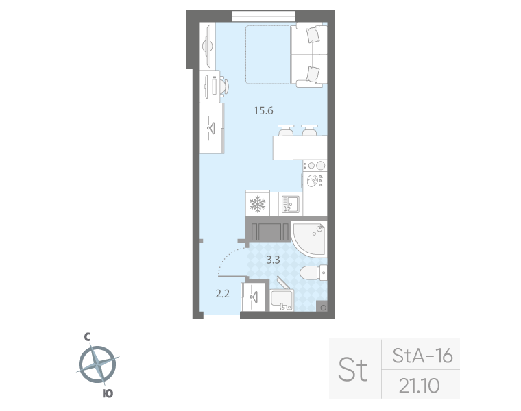 Квартира-студия, 21.1 м² - планировка, фото №1