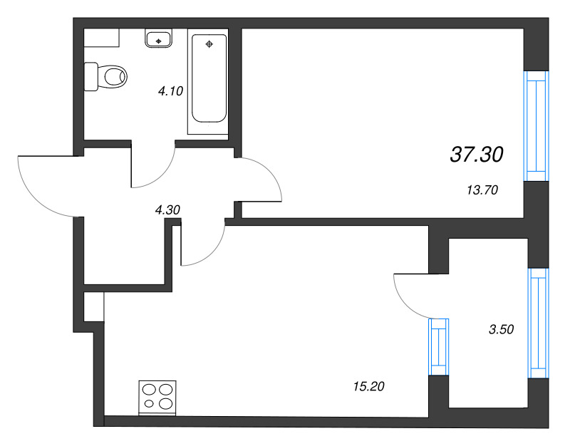 2-комнатная (Евро) квартира, 37.3 м² в ЖК "Дубровский" - планировка, фото №1