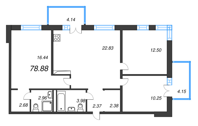 4-комнатная (Евро) квартира, 78.88 м² - планировка, фото №1