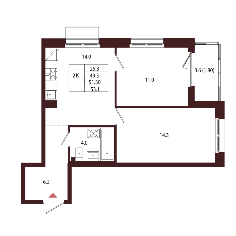 2-комнатная квартира, 51.3 м² в ЖК "Лисино" - планировка, фото №1