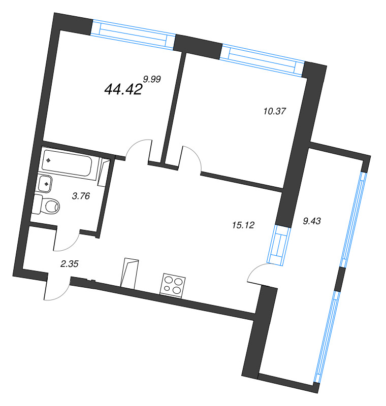 2-комнатная квартира, 44.42 м² в ЖК "Аквилон Riva" - планировка, фото №1