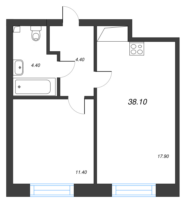 2-комнатная (Евро) квартира, 38.1 м² в ЖК "Большая Охта" - планировка, фото №1