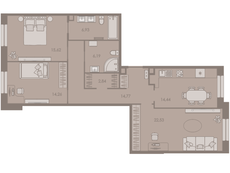 3-комнатная квартира, 97.7 м² - планировка, фото №1