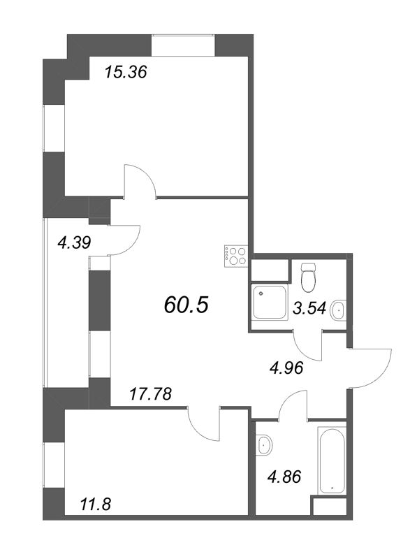 3-комнатная (Евро) квартира, 60.5 м² - планировка, фото №1